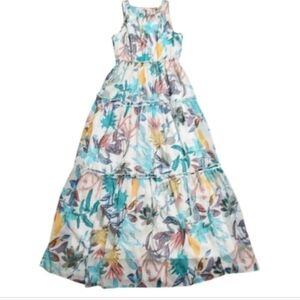 Tropical Yellow Floral Turqouise Blue Bohemian Tiered Maxi Dress Medium